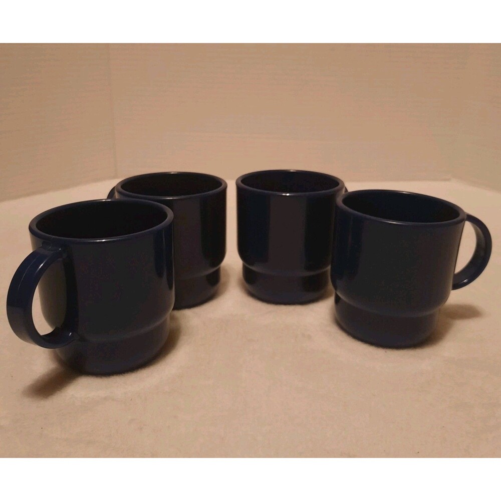 Tupperware Vintage Coffee Mugs Blue Stackable Set of 4 Retro Kitchen Cups